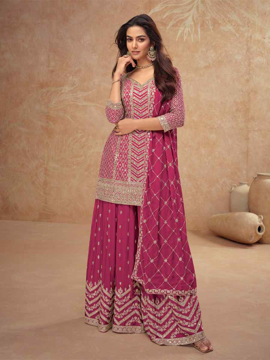 Pink Heavy Chinon Embroidered Festival Casual Sharara Salwar Kameez