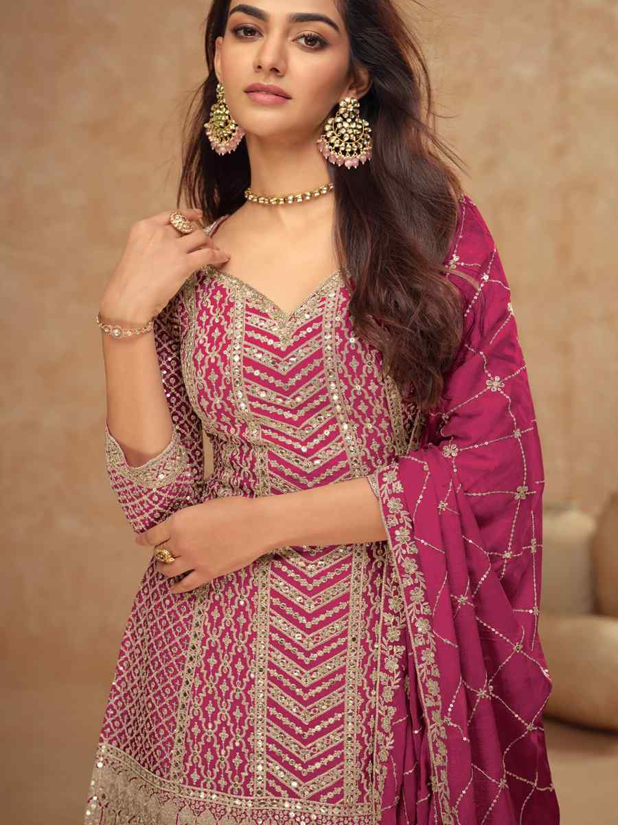 Pink Heavy Chinon Embroidered Festival Casual Sharara Salwar Kameez