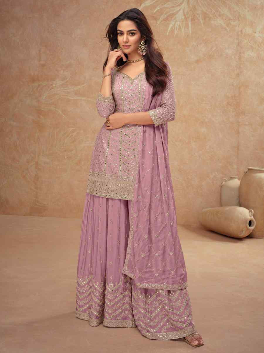 Pink Heavy Chinon Embroidered Festival Casual Sharara Salwar Kameez