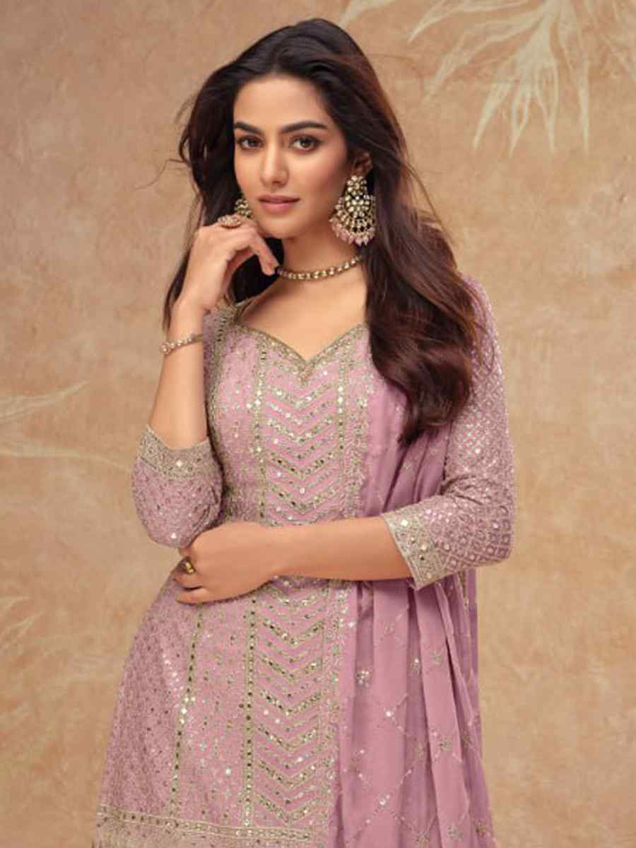 Pink Heavy Chinon Embroidered Festival Casual Sharara Salwar Kameez
