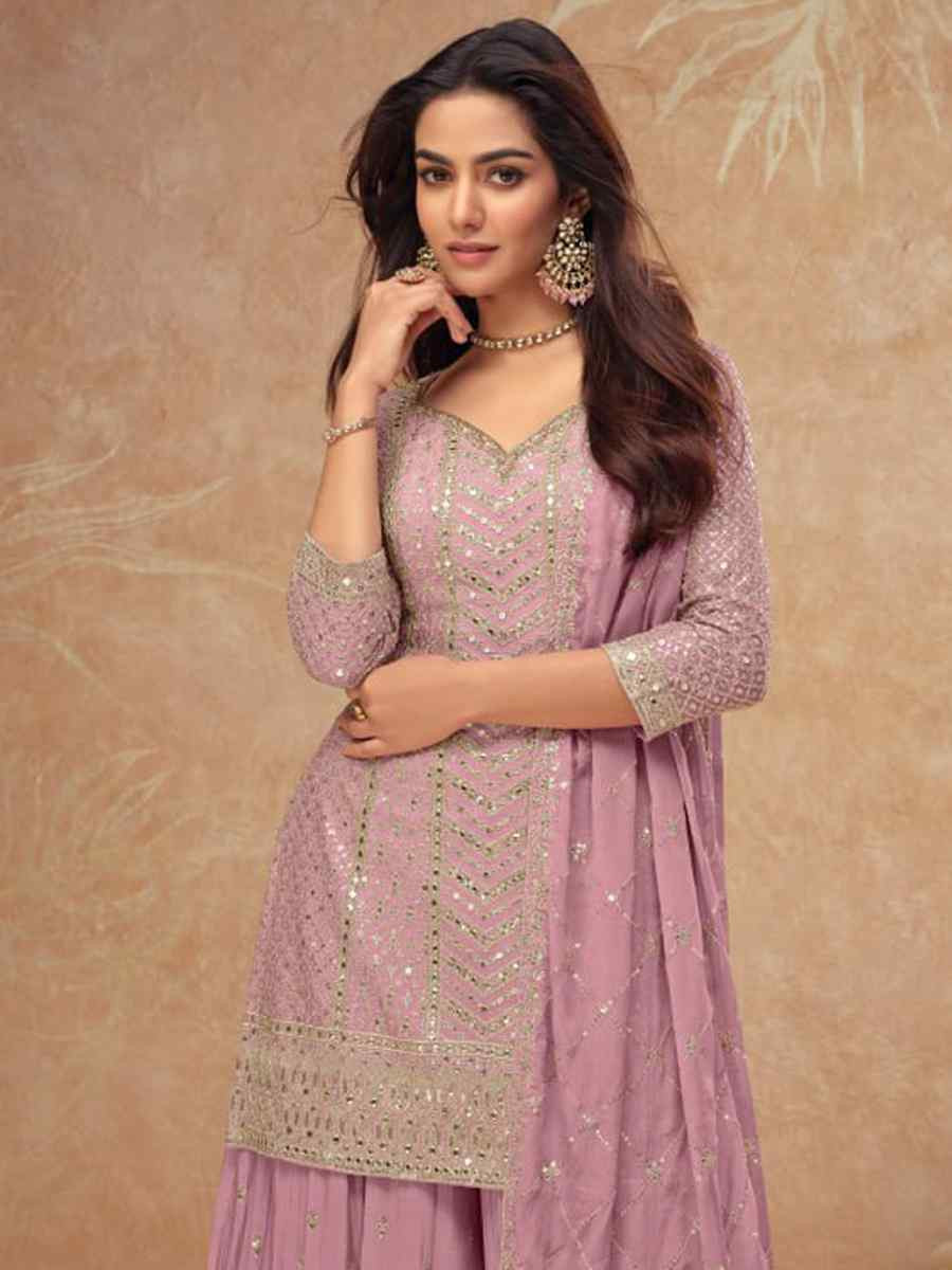 Pink Heavy Chinon Embroidered Festival Casual Sharara Salwar Kameez