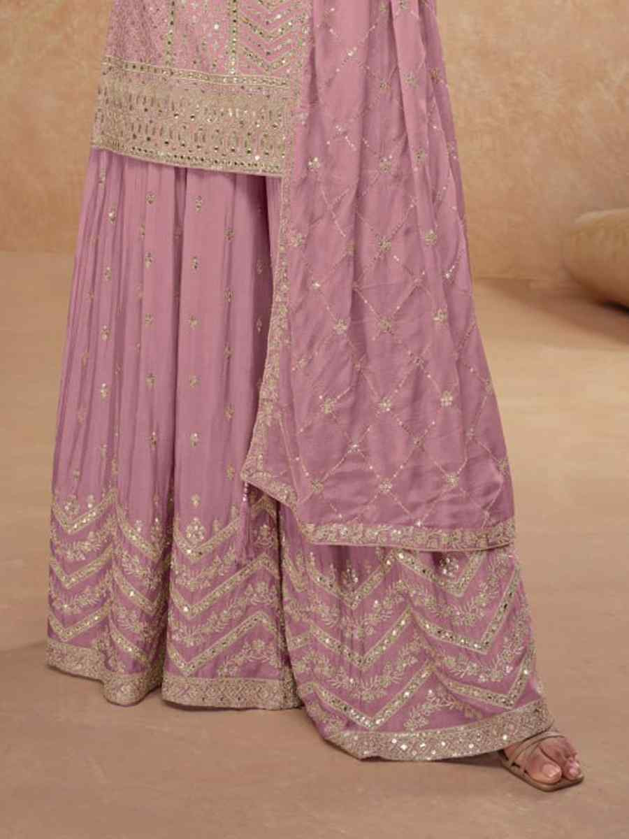 Pink Heavy Chinon Embroidered Festival Casual Sharara Salwar Kameez