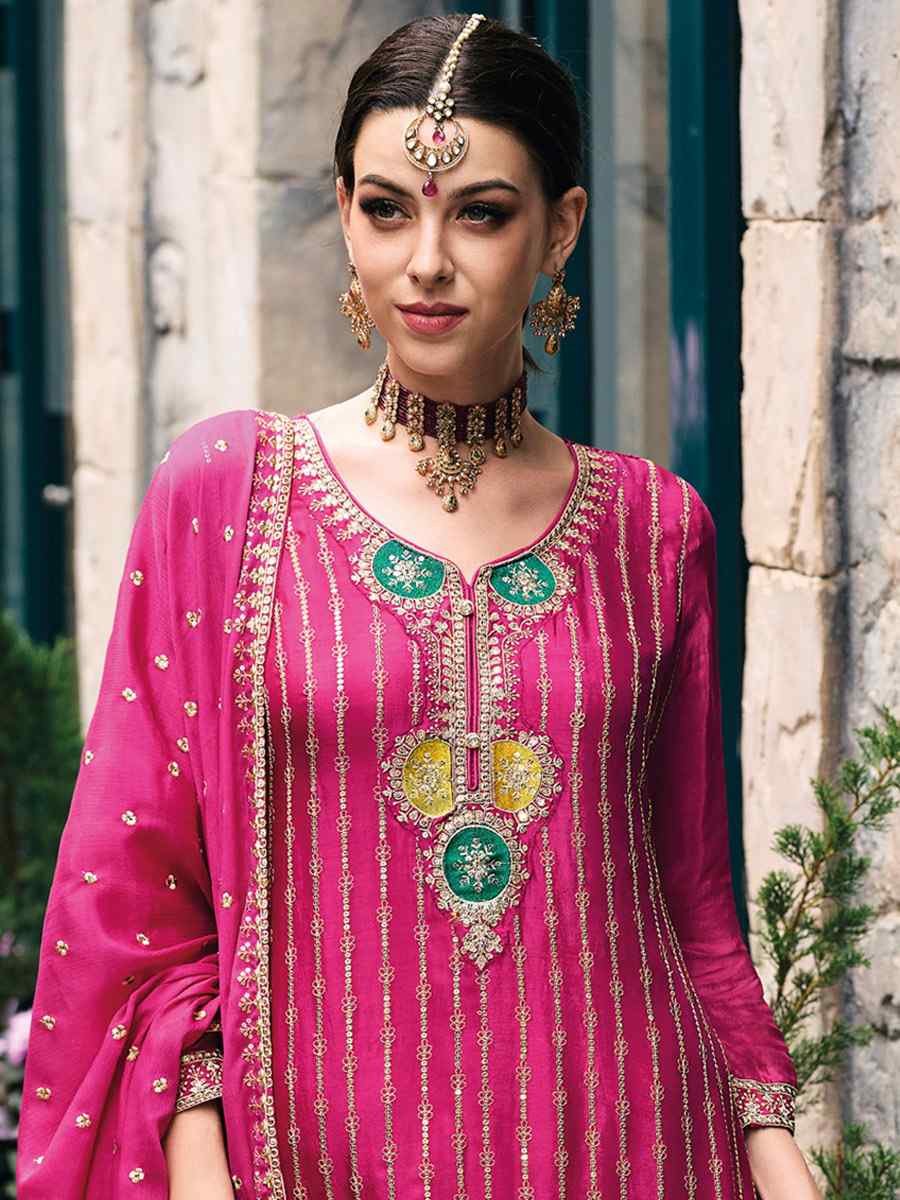 Pink Heavy Chinon Embroidered Festival Wedding Palazzo Pant Salwar Kameez