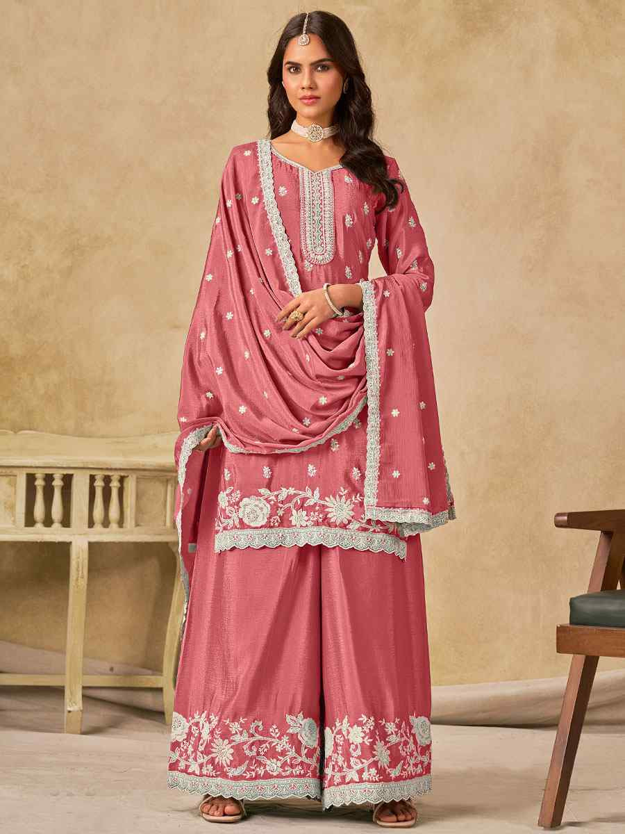 Pink Heavy Chinon Embroidered Festival Wedding Palazzo Pant Salwar Kameez