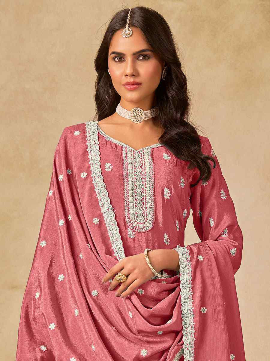 Pink Heavy Chinon Embroidered Festival Wedding Palazzo Pant Salwar Kameez