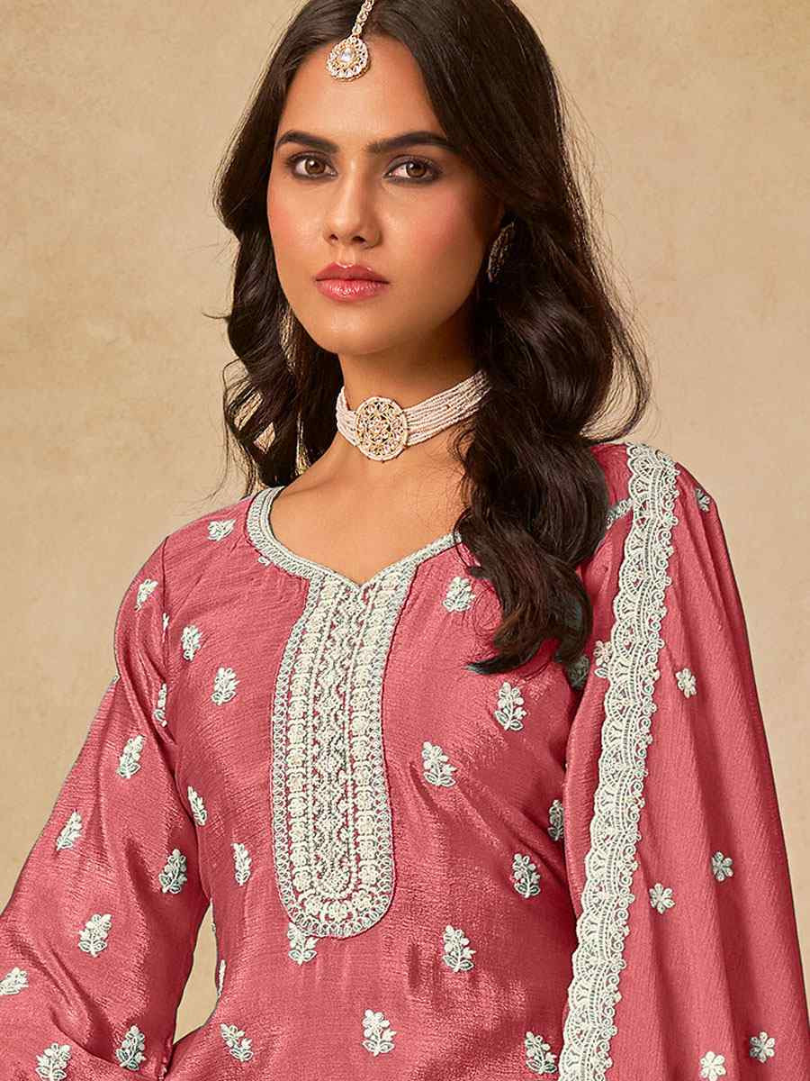 Pink Heavy Chinon Embroidered Festival Wedding Palazzo Pant Salwar Kameez