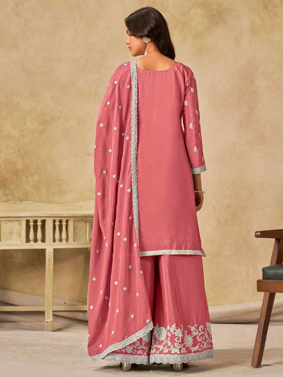 Pink Heavy Chinon Embroidered Festival Wedding Palazzo Pant Salwar Kameez