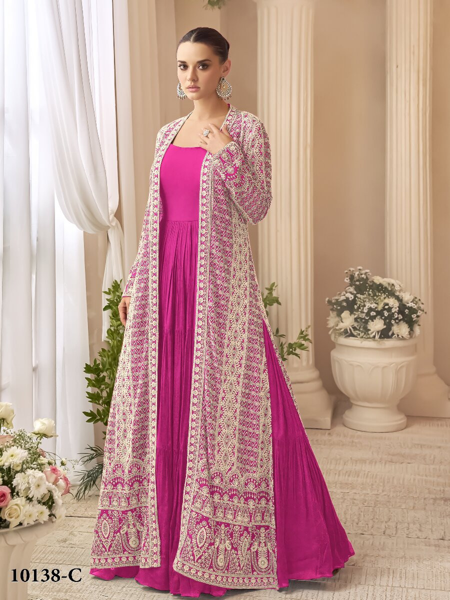 Pink Heavy Chinon Embroidered Wedding Party Festival Ready Gown Shrug Women Wear