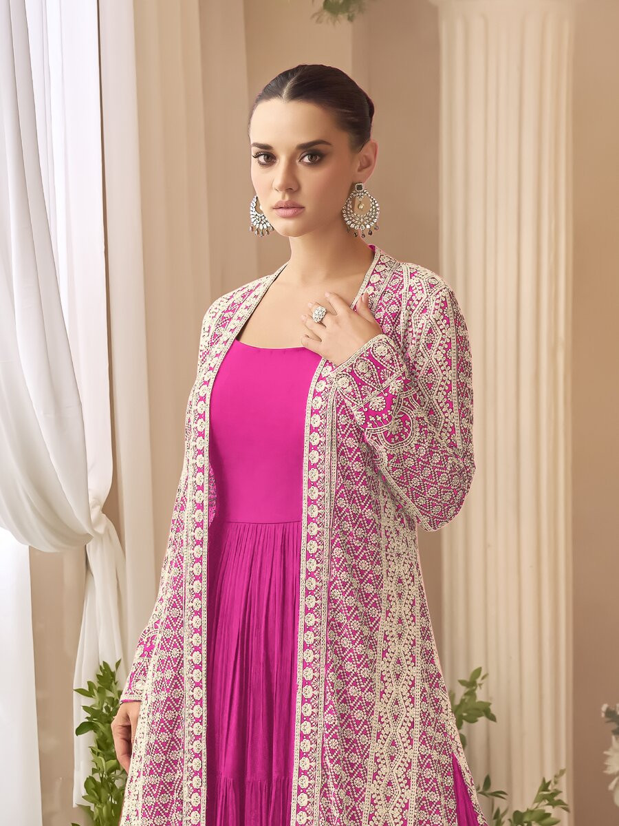 Pink Heavy Chinon Embroidered Wedding Party Festival Ready Gown Shrug Women Wear
