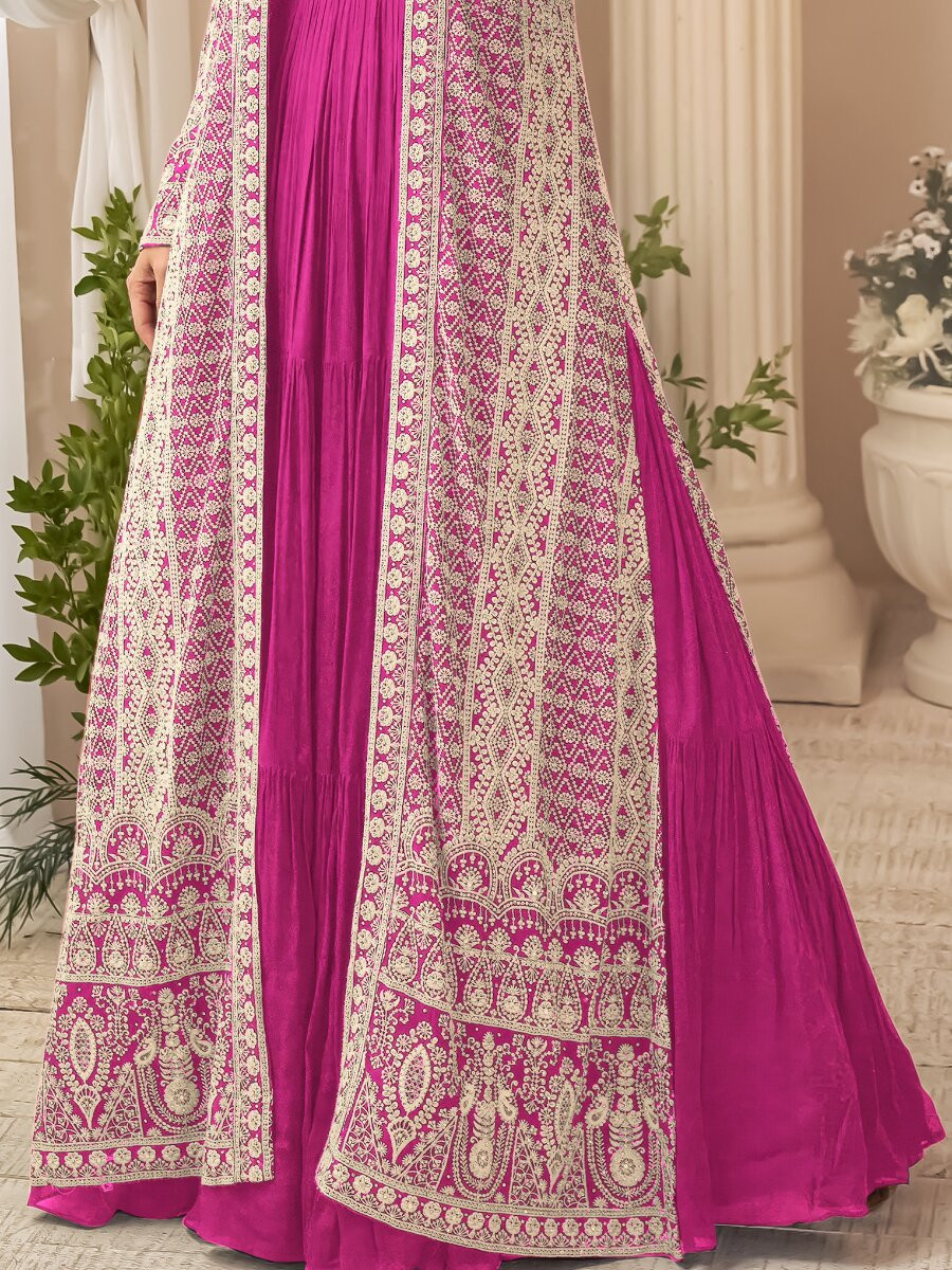 Pink Heavy Chinon Embroidered Wedding Party Festival Ready Gown Shrug Women Wear