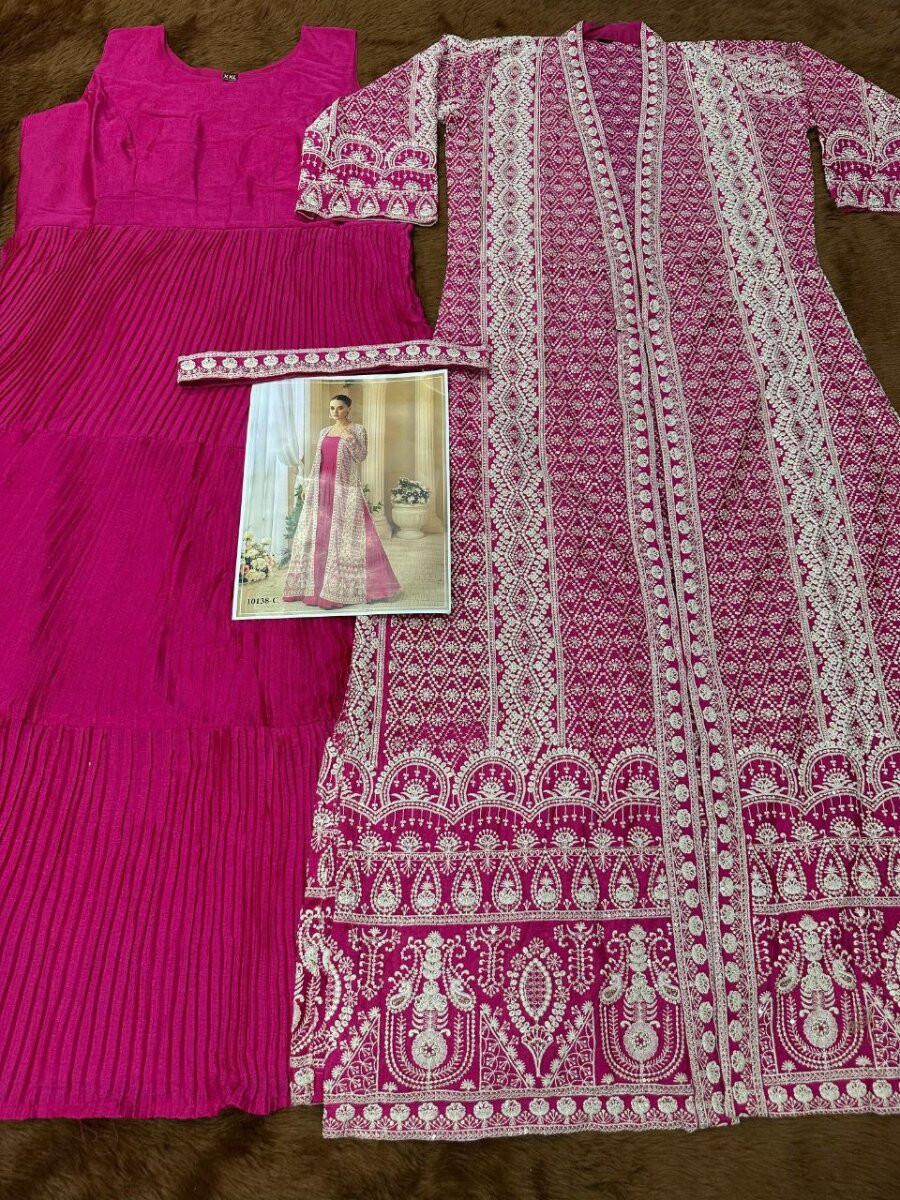 Pink Heavy Chinon Embroidered Wedding Party Festival Ready Gown Shrug Women Wear