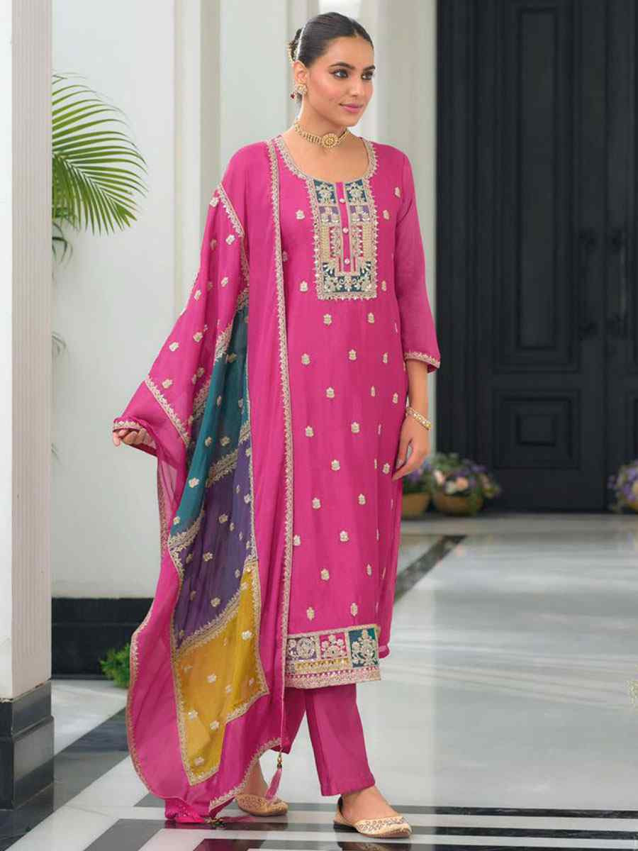 Pink Heavy Chinon Embroidery Party Wedding Festival Casual Ready Pant Salwar Kameez