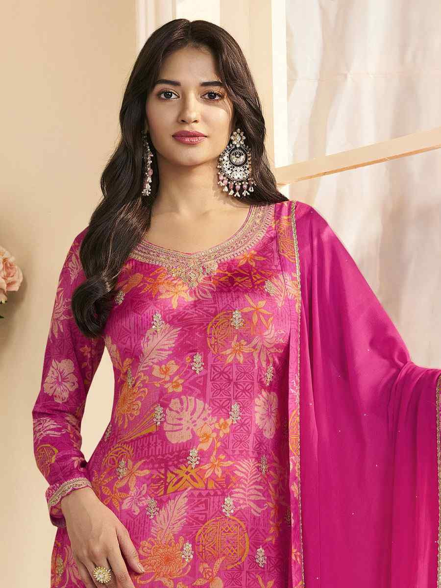 Pink Heavy Chinon Embroidery Printed Party Wedding Festival Casual Pant Salwar Kameez
