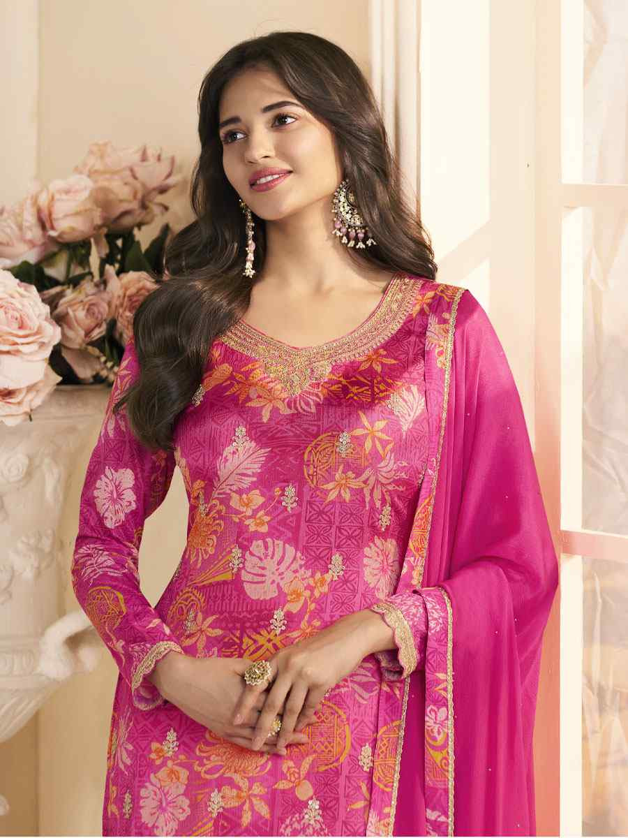Pink Heavy Chinon Embroidery Printed Party Wedding Festival Casual Pant Salwar Kameez