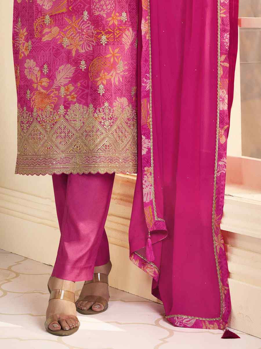 Pink Heavy Chinon Embroidery Printed Party Wedding Festival Casual Pant Salwar Kameez
