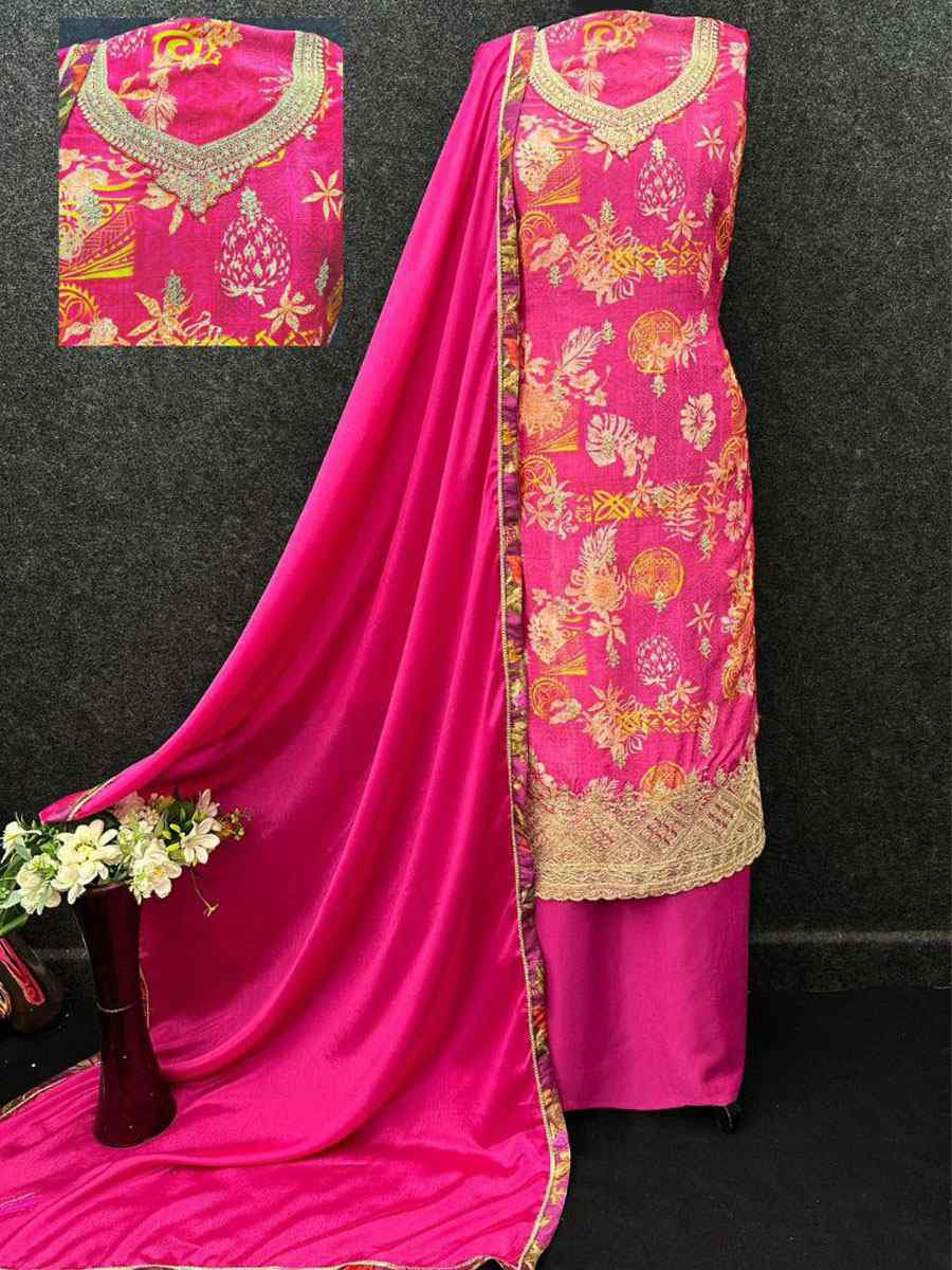 Pink Heavy Chinon Embroidery Printed Party Wedding Festival Casual Pant Salwar Kameez