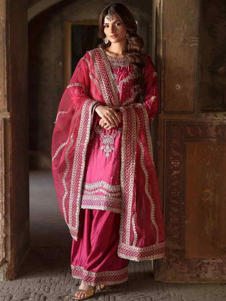 Pink Heavy Chinon silk Embroidered Festival Casual Ready Palazzo Pant Salwar Kameez