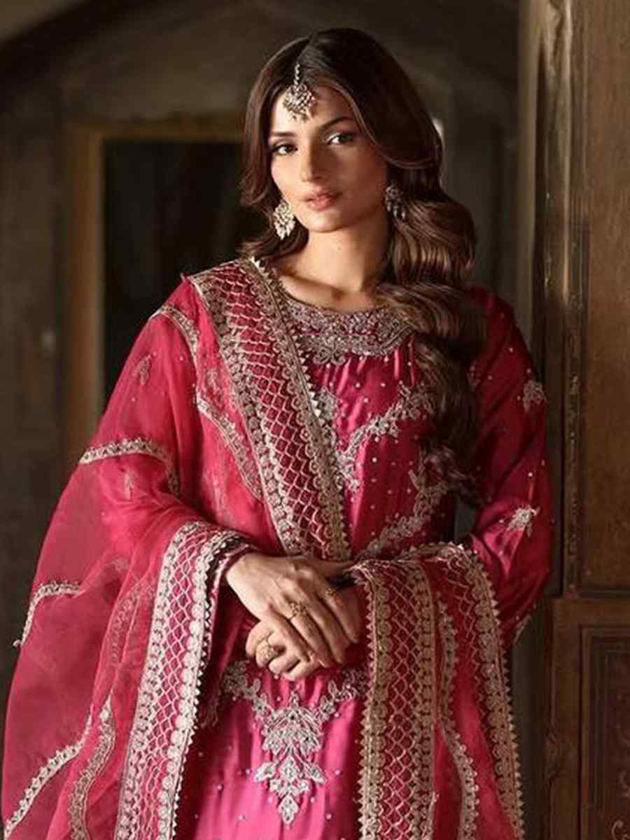Pink Heavy Chinon silk Embroidered Festival Casual Ready Palazzo Pant Salwar Kameez