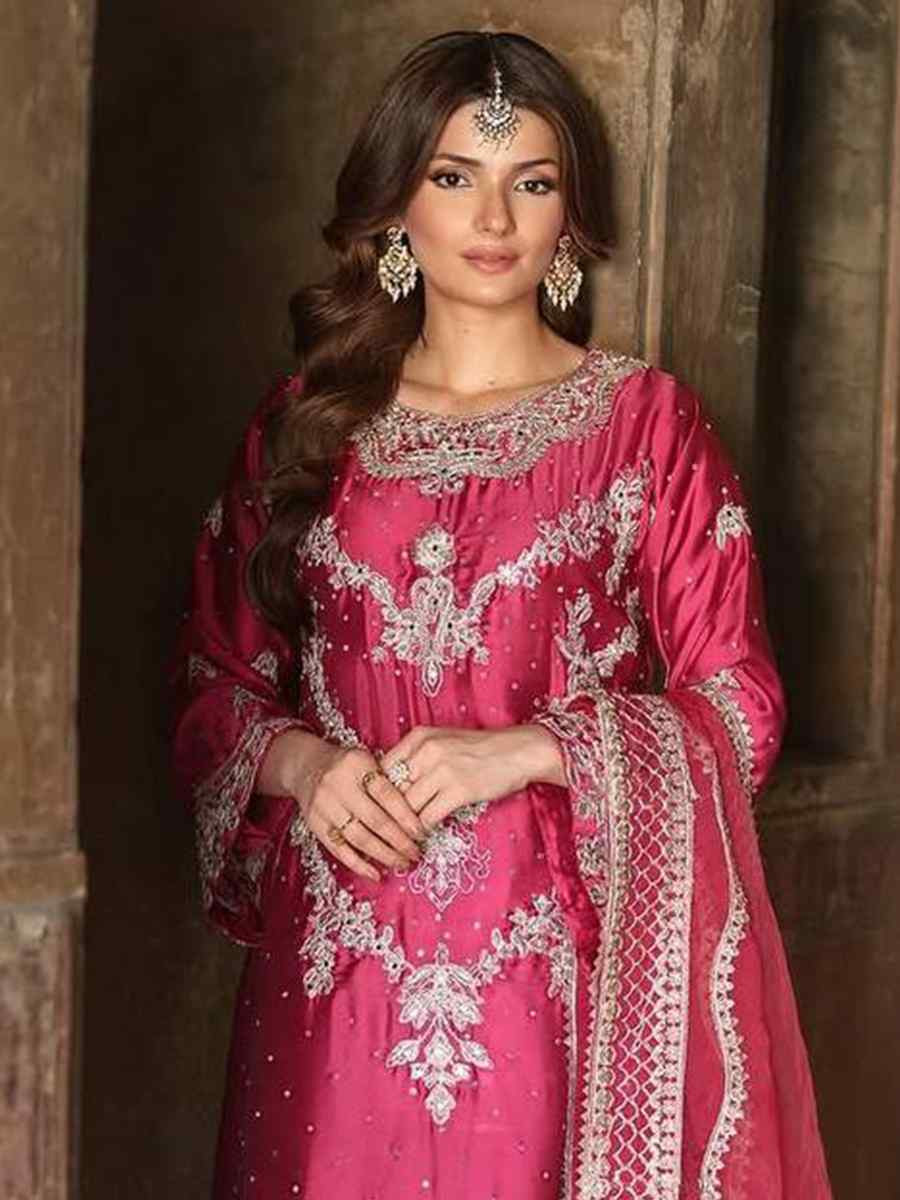 Pink Heavy Chinon silk Embroidered Festival Casual Ready Palazzo Pant Salwar Kameez