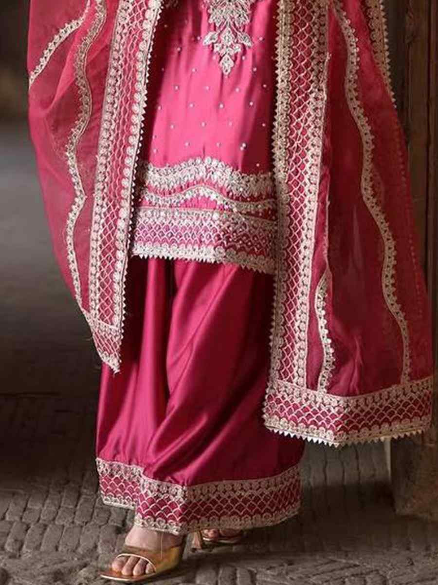 Pink Heavy Chinon silk Embroidered Festival Casual Ready Palazzo Pant Salwar Kameez