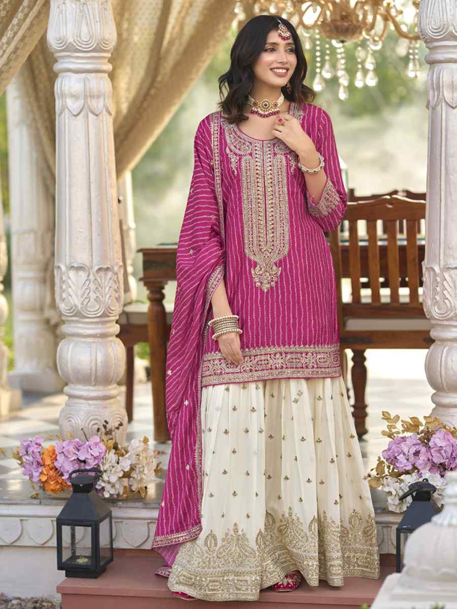 Pink Heavy Chinon Silk Embroidered Festival Mehendi Ready Sharara Salwar Kameez