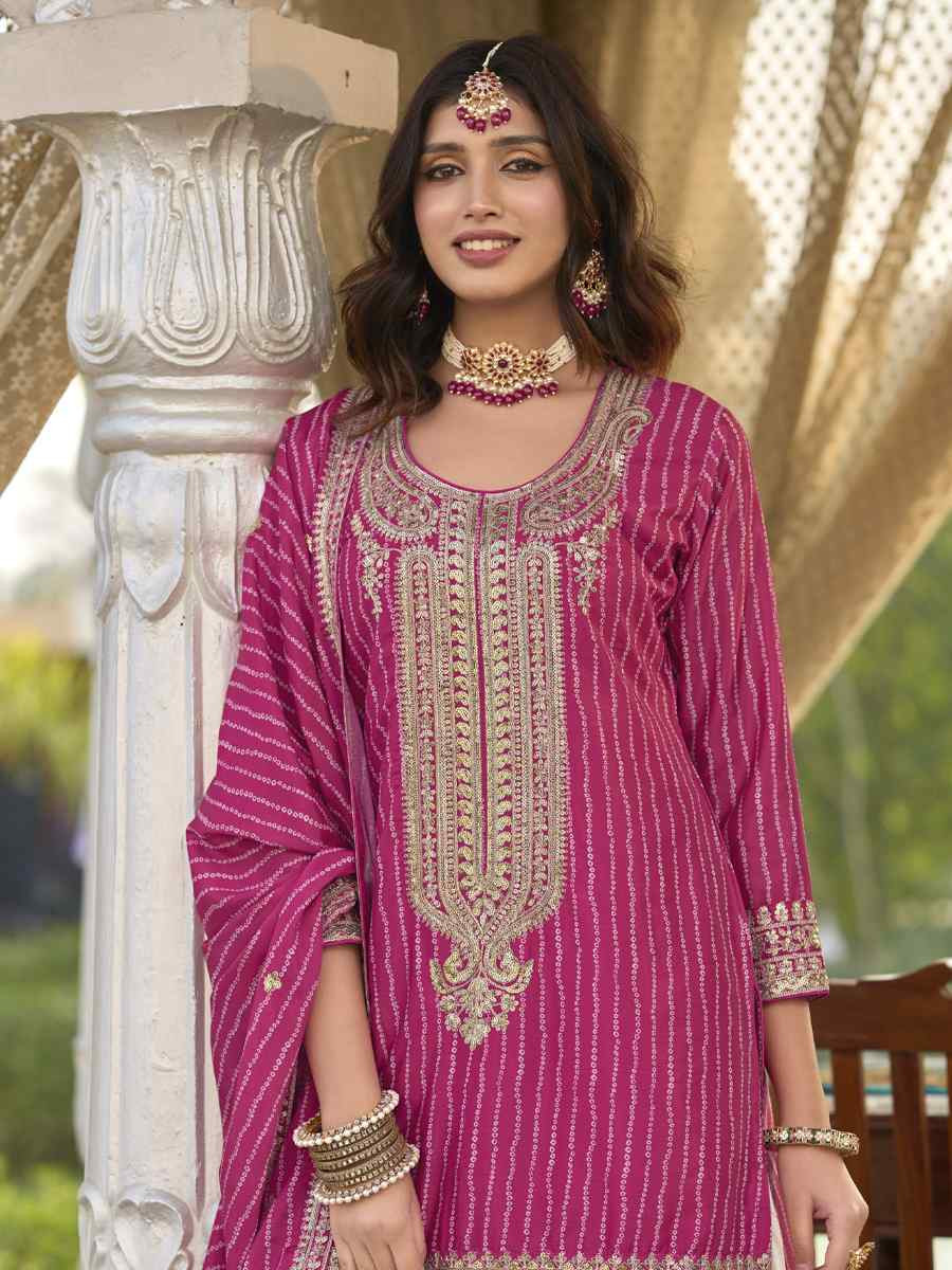 Pink Heavy Chinon Silk Embroidered Festival Mehendi Ready Sharara Salwar Kameez