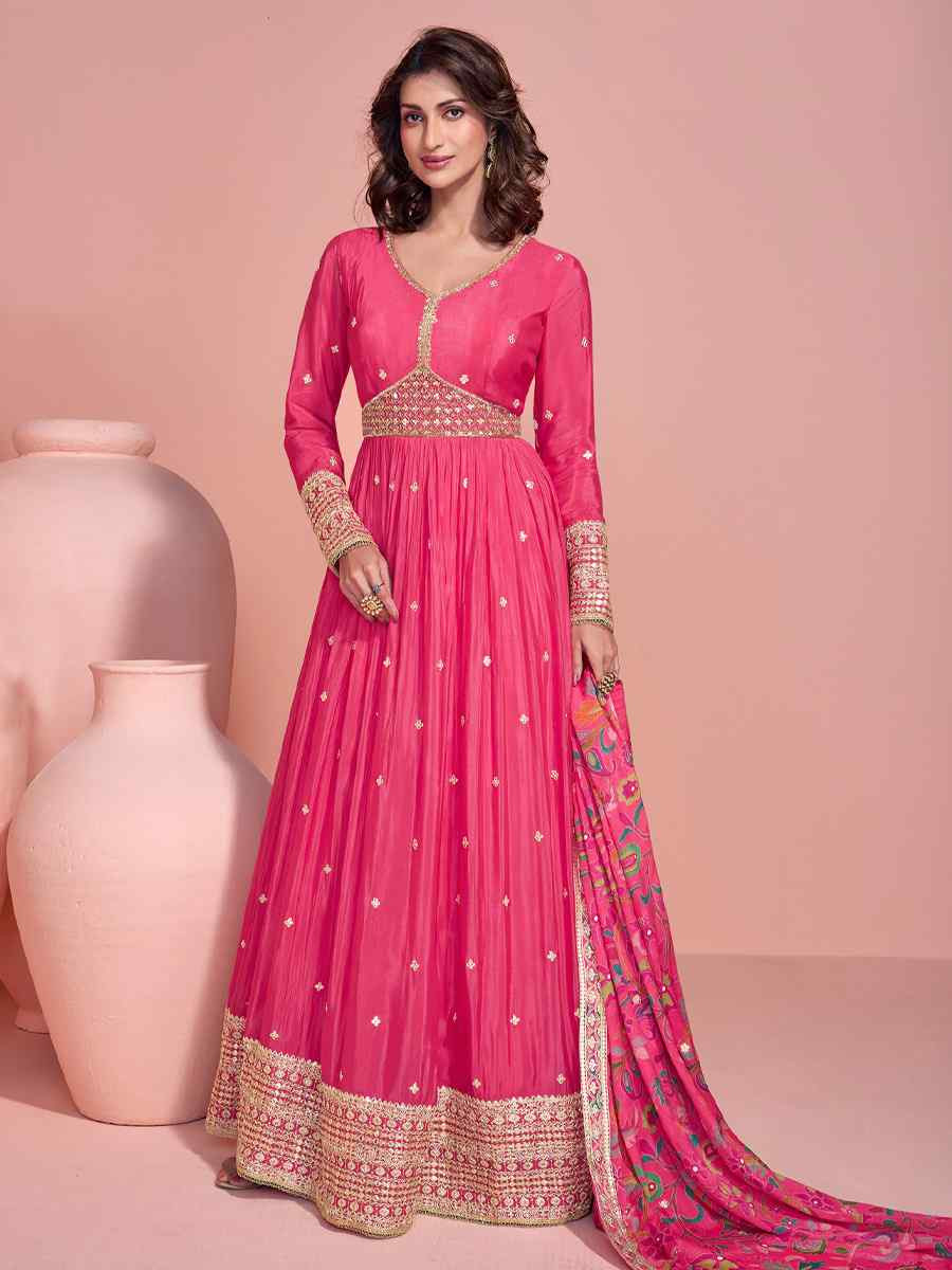 Pink Heavy Chinon Silk Embroidered Festival Party Gown