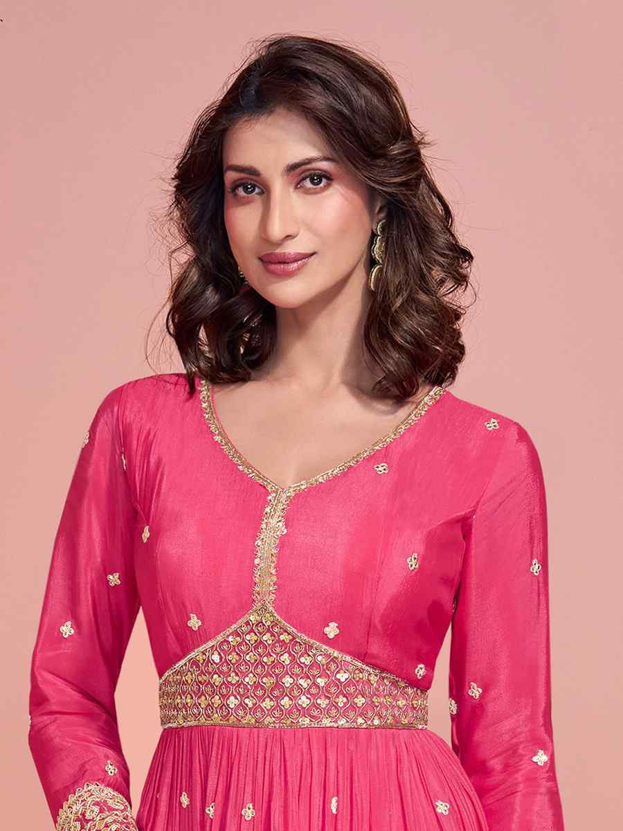 Pink Heavy Chinon Silk Embroidered Festival Party Gown