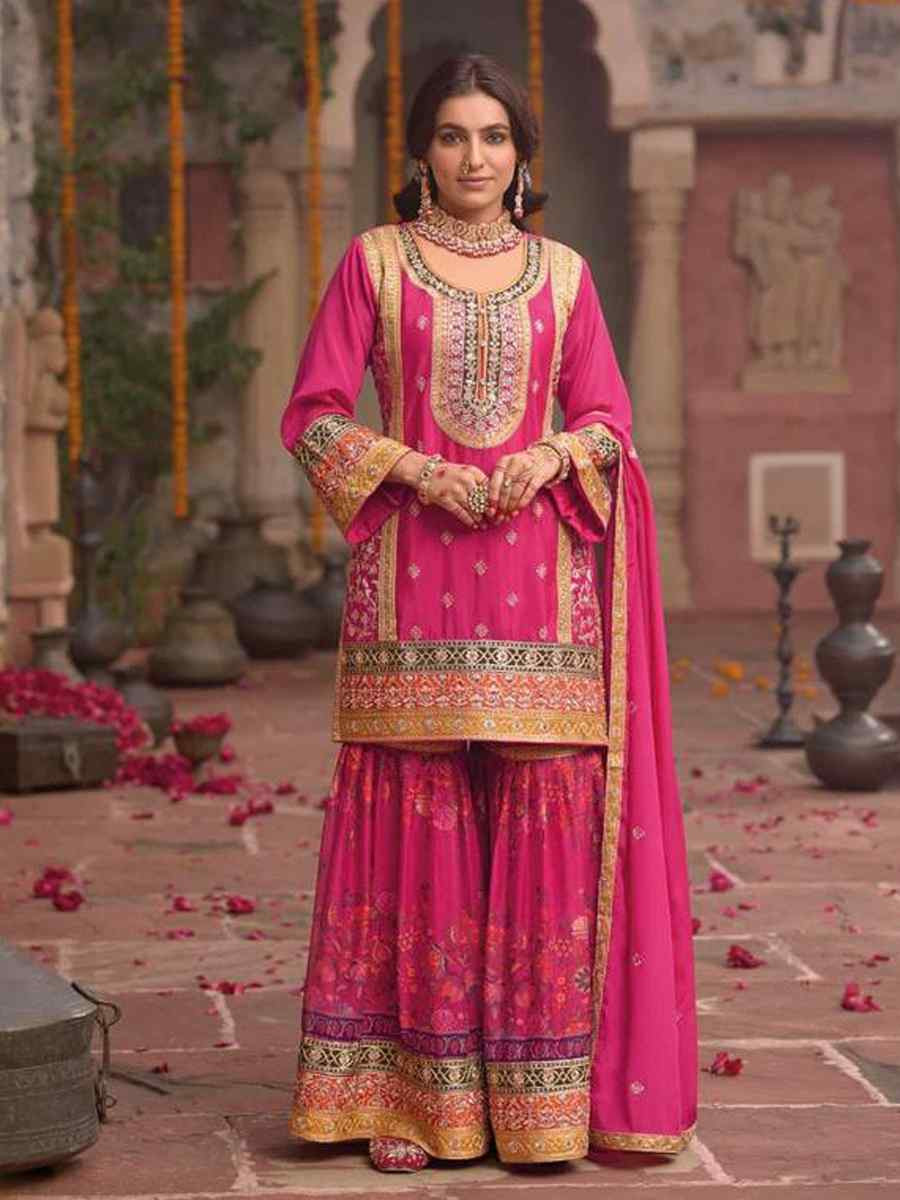 Pink Heavy Chinon Silk Embroidered Festival Pink Ready Sharara Salwar Kameez