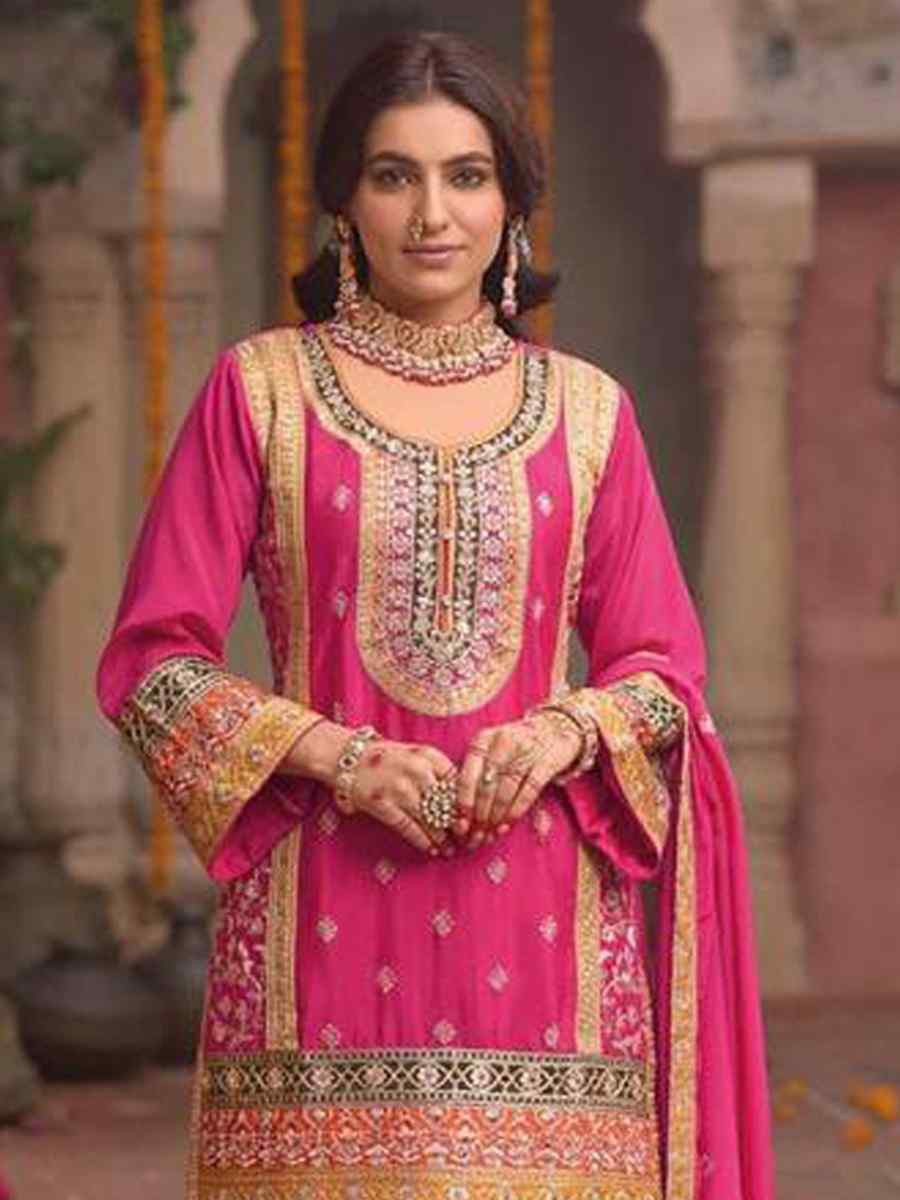 Pink Heavy Chinon Silk Embroidered Festival Pink Ready Sharara Salwar Kameez