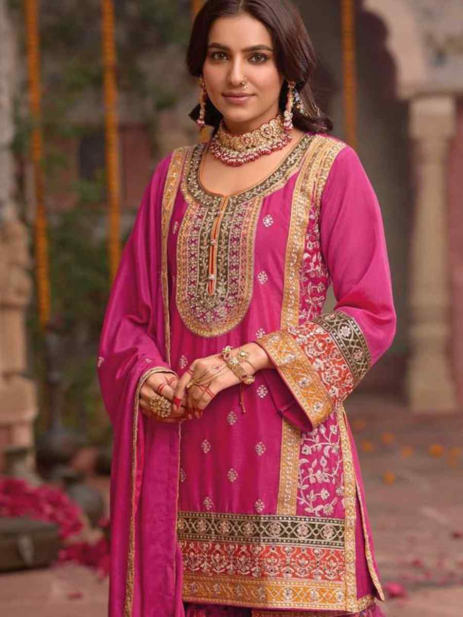 Pink Heavy Chinon Silk Embroidered Festival Pink Ready Sharara Salwar Kameez