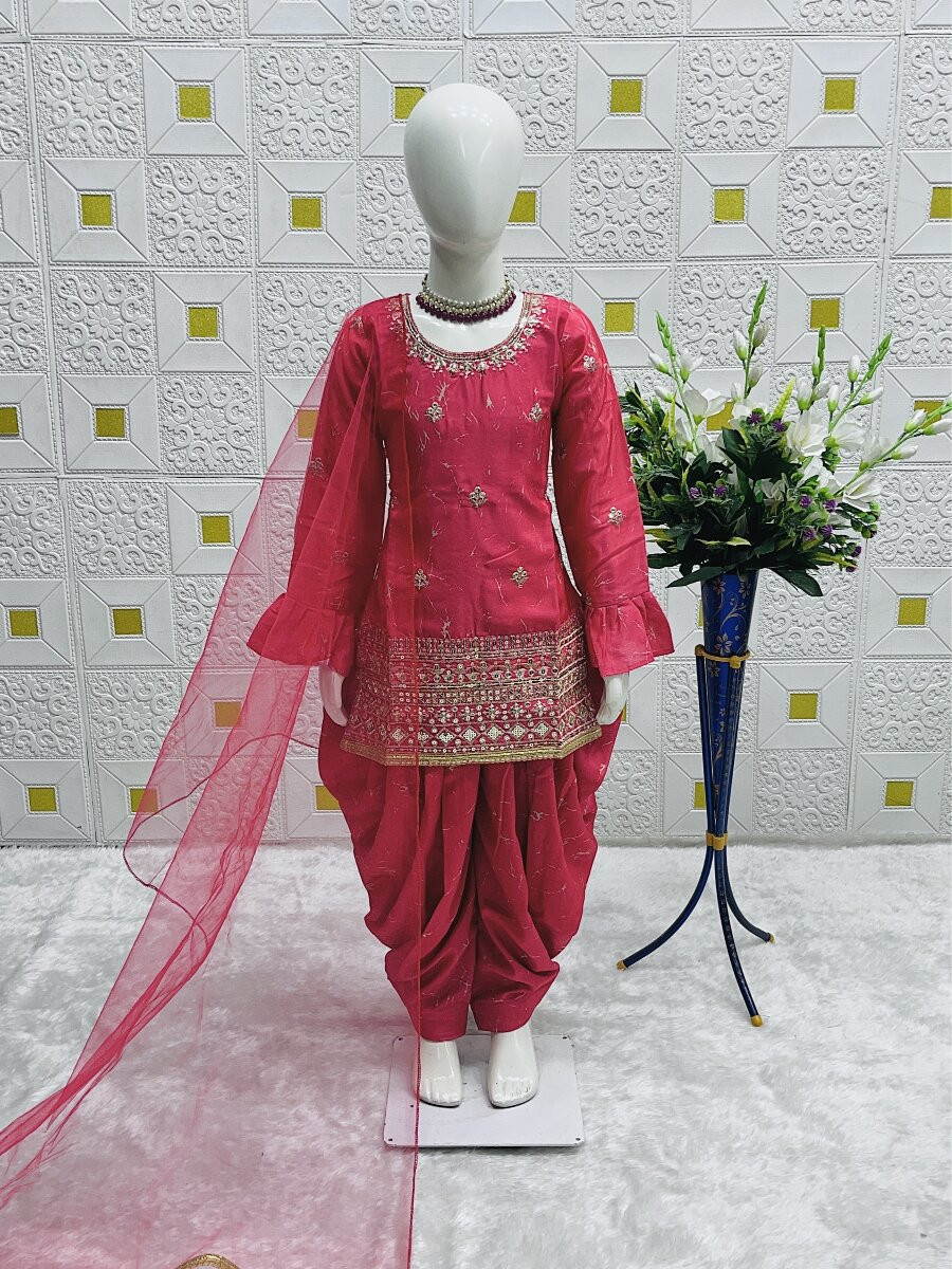 Pink Heavy Chinon Silk Embroidered Sequence Digital Print With Lace Traditional Ethnic Casual Festival Party Wedding Salwars Girls Wear