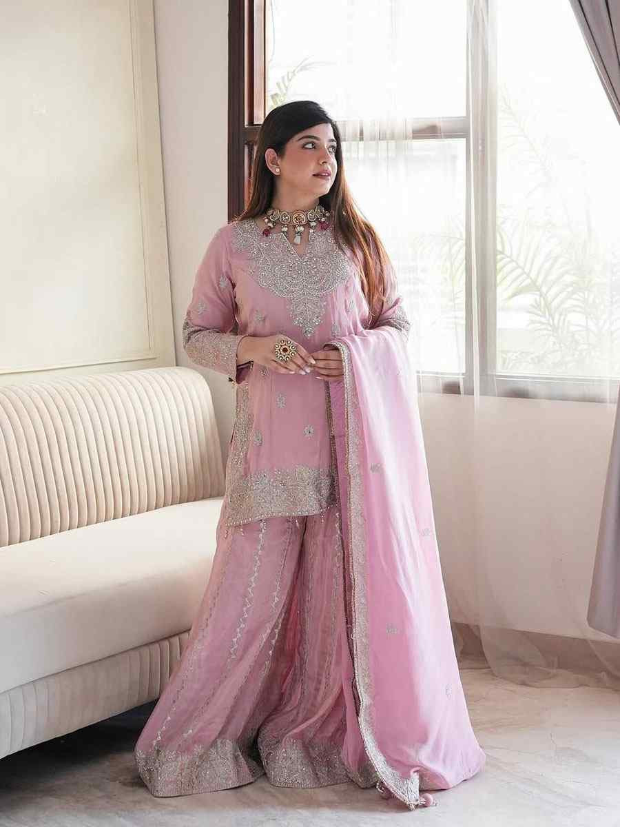 Pink Heavy Chinon Silk Embroidery Party Wedding Festival Casual Ready Palazzo Pant Salwar Kameez