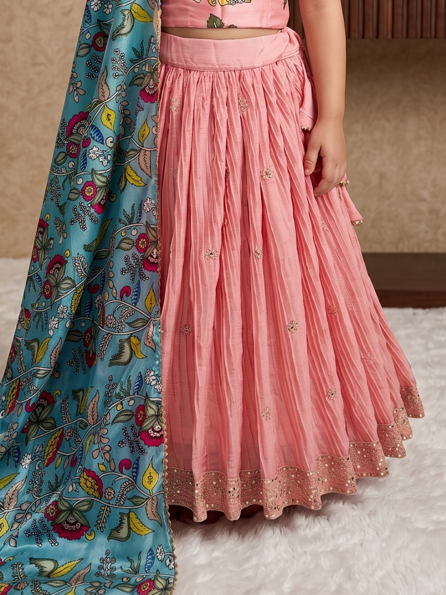 Pink Heavy Chinon Silk Printed Ethnic Casual Festival Party Wedding Lehengas Girls Wear