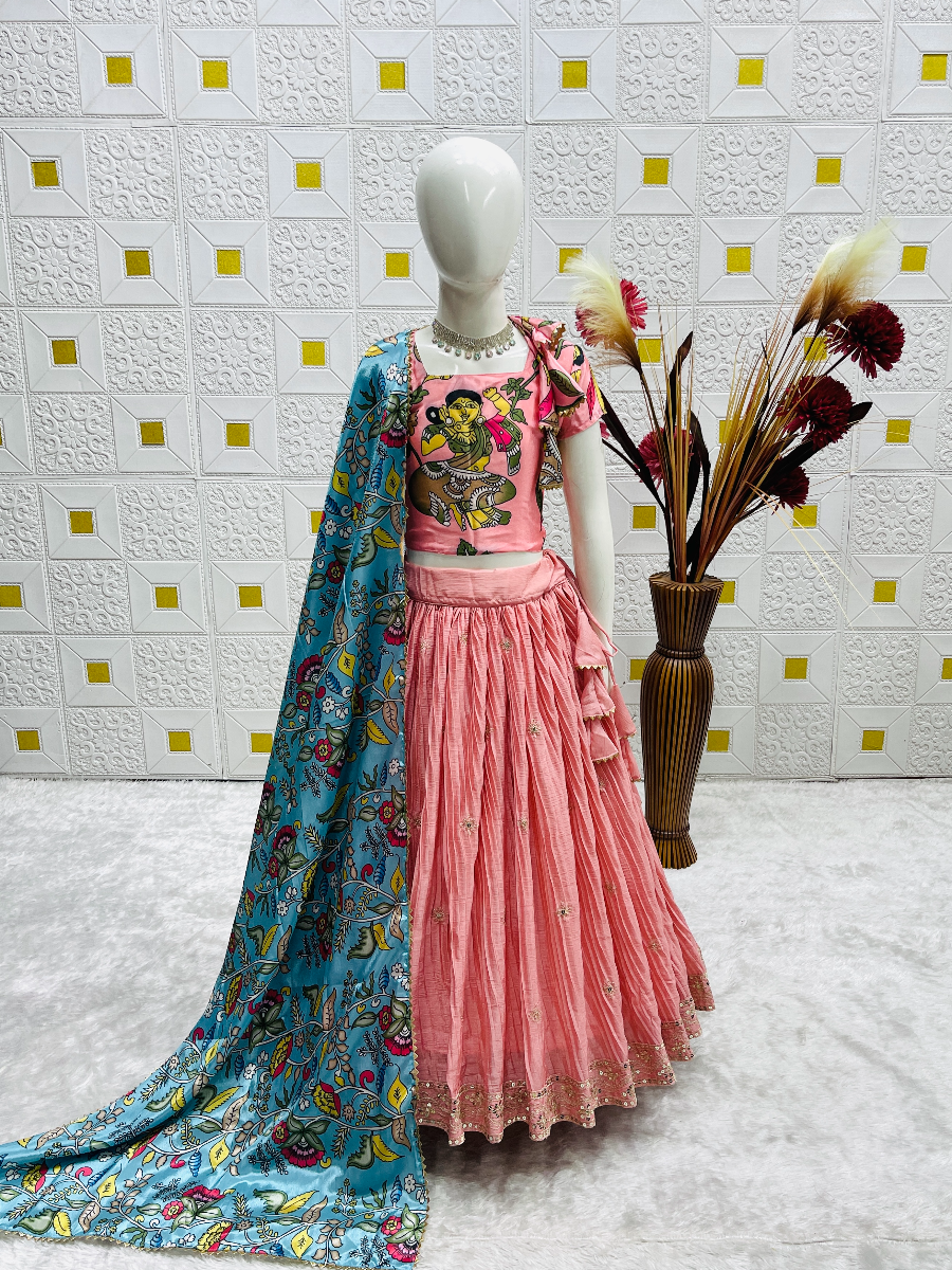 Pink Heavy Chinon Silk Printed Ethnic Casual Festival Party Wedding Lehengas Girls Wear