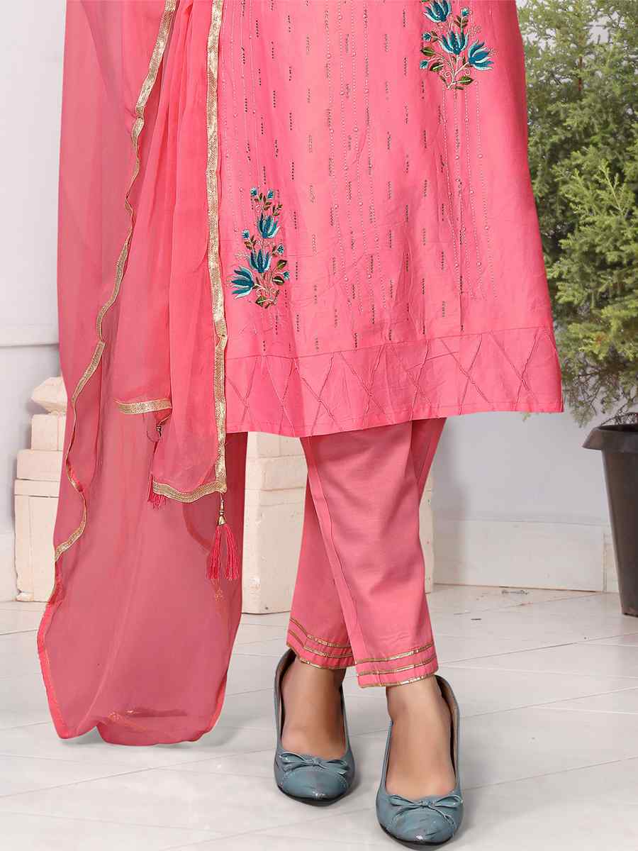 Pink Heavy Cotton Embroidered Festival Wedding Ready Palazzo Pant Salwar Kameez