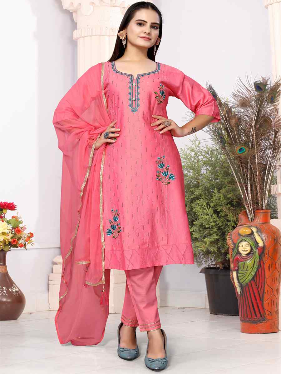 Pink Heavy Cotton Embroidered Festival Wedding Ready Palazzo Pant Salwar Kameez