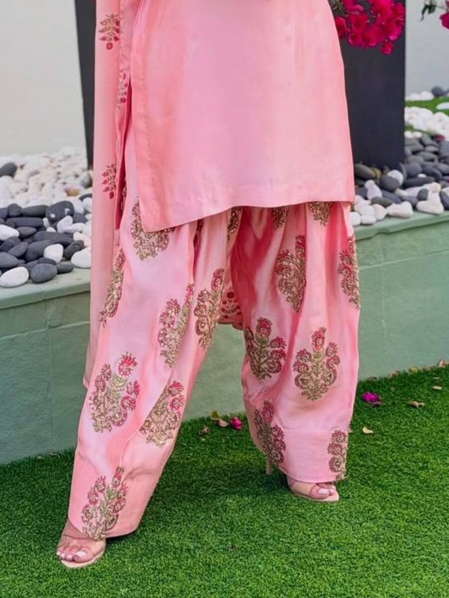 Pink Heavy Creap Silk Embroidery Sequins Wedding Party Festival Casual Ready Palazzo Pant Salwar Kameez