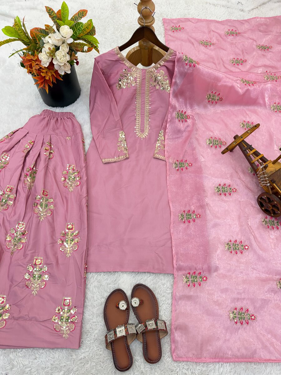 Pink Heavy Creap Silk Embroidery Sequins Wedding Party Festival Casual Ready Palazzo Pant Salwar Kameez