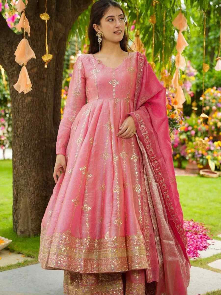 Image of Pink Heavy Crunchy Silk Embroidery Party Wedding Festival Casual Ready Anarkali Palazzo Salwar Kameez