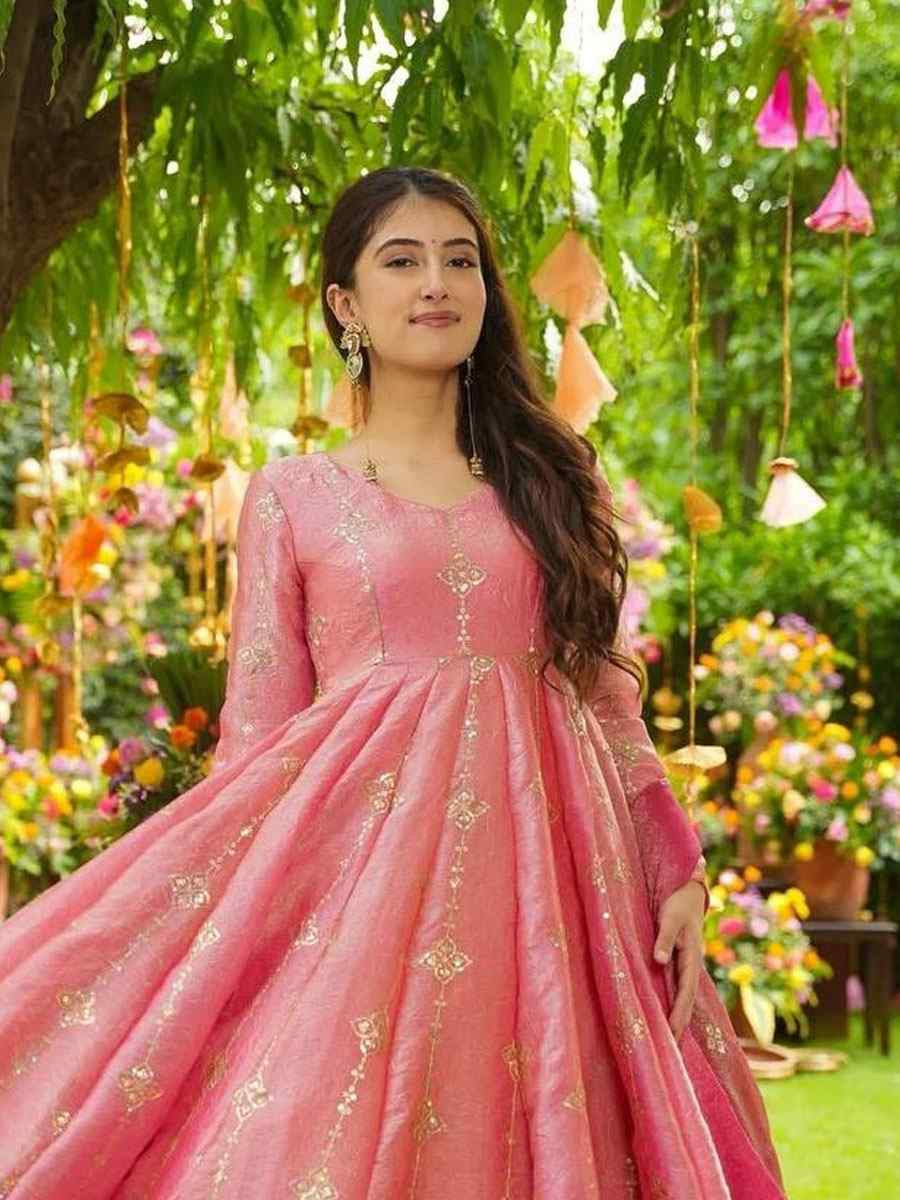Pink Heavy Crunchy Silk Embroidery Party Wedding Festival Casual Ready Anarkali Palazzo Salwar Kameez