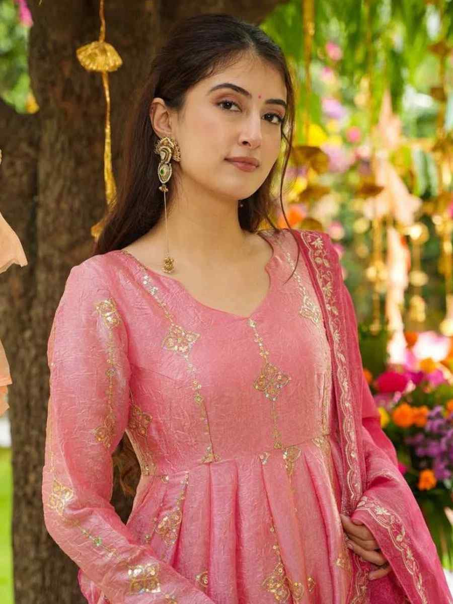 Pink Heavy Crunchy Silk Embroidery Party Wedding Festival Casual Ready Anarkali Palazzo Salwar Kameez