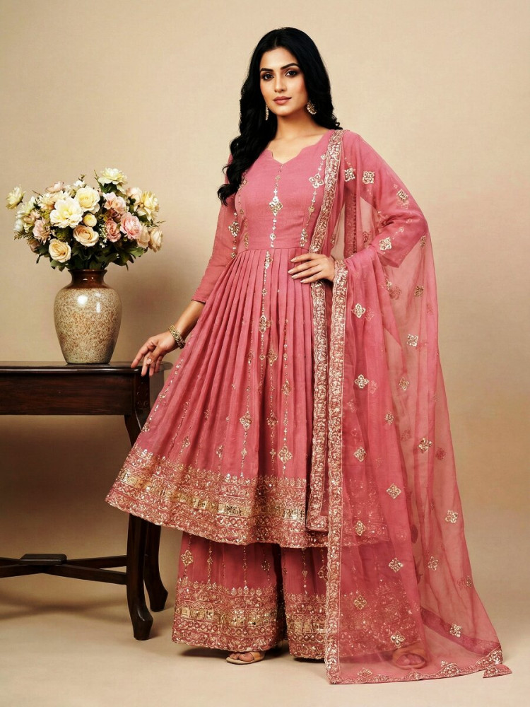 Image of Pink Heavy Crunchy Silk Embroidery Sequins Wedding Festival Party Wear Ready Anarkali Sharara Pant Salwar Kameez