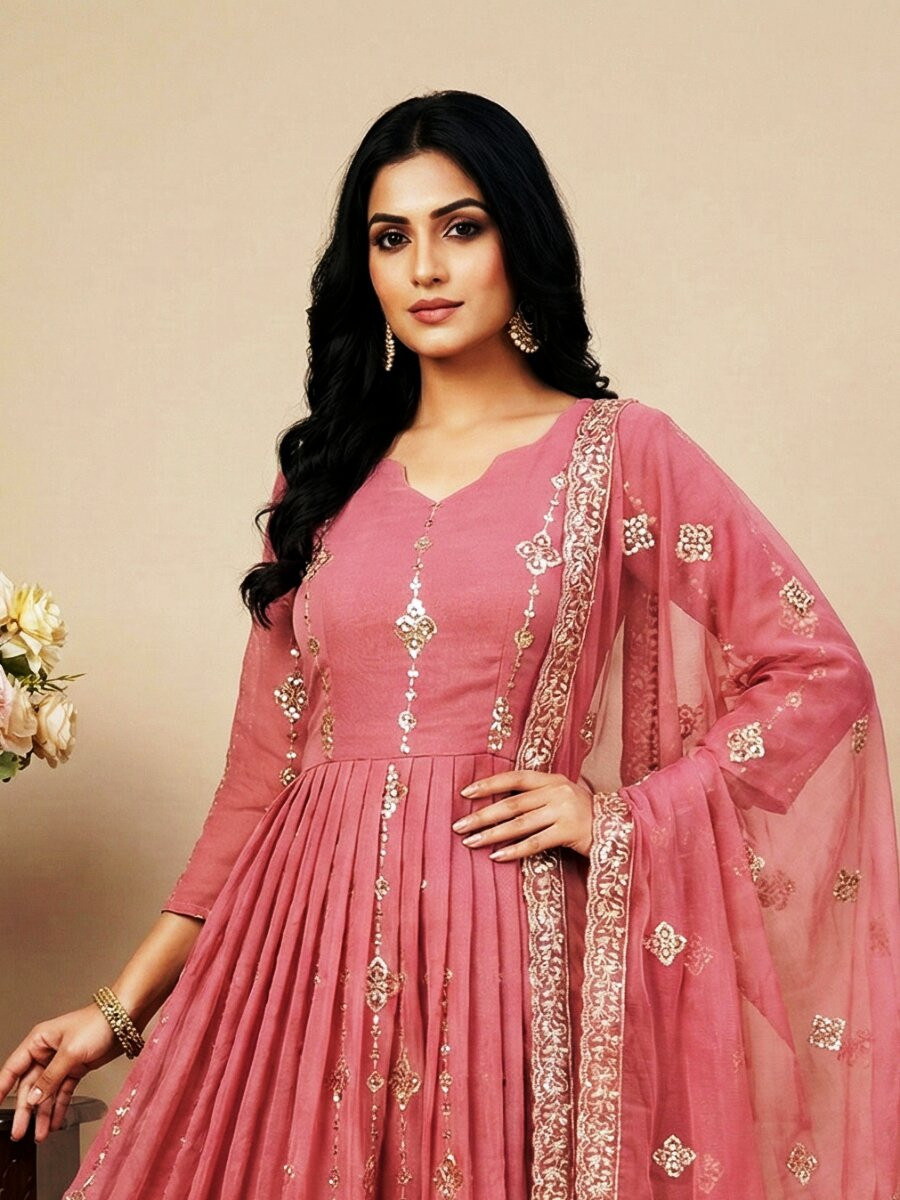 Pink Heavy Crunchy Silk Embroidery Sequins Wedding Festival Party Wear Ready Anarkali Sharara Pant Salwar Kameez