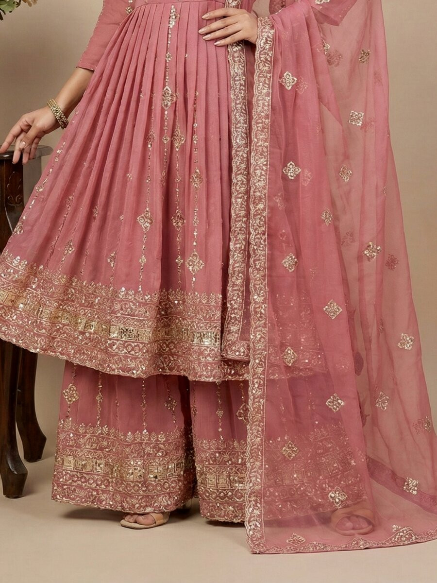 Pink Heavy Crunchy Silk Embroidery Sequins Wedding Festival Party Wear Ready Anarkali Sharara Pant Salwar Kameez