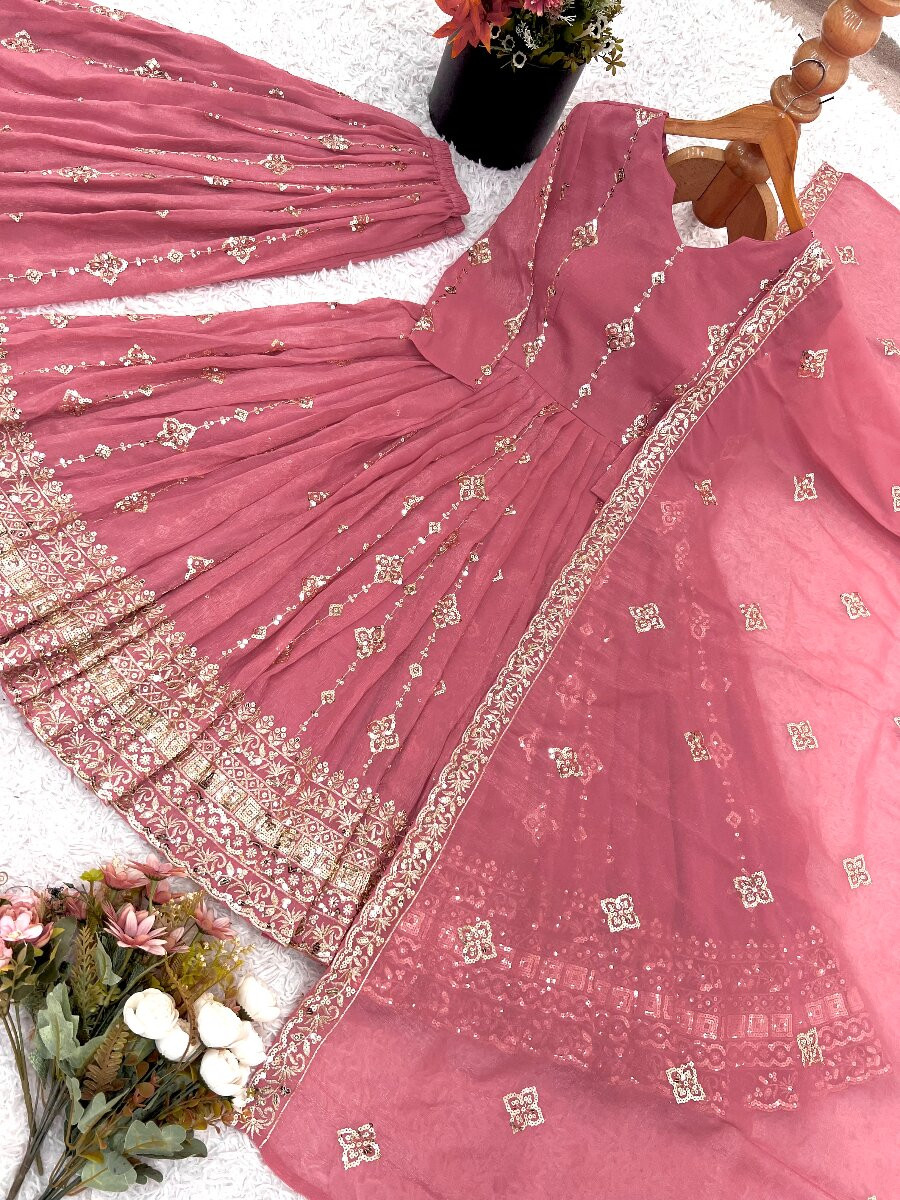 Pink Heavy Crunchy Silk Embroidery Sequins Wedding Festival Party Wear Ready Anarkali Sharara Pant Salwar Kameez
