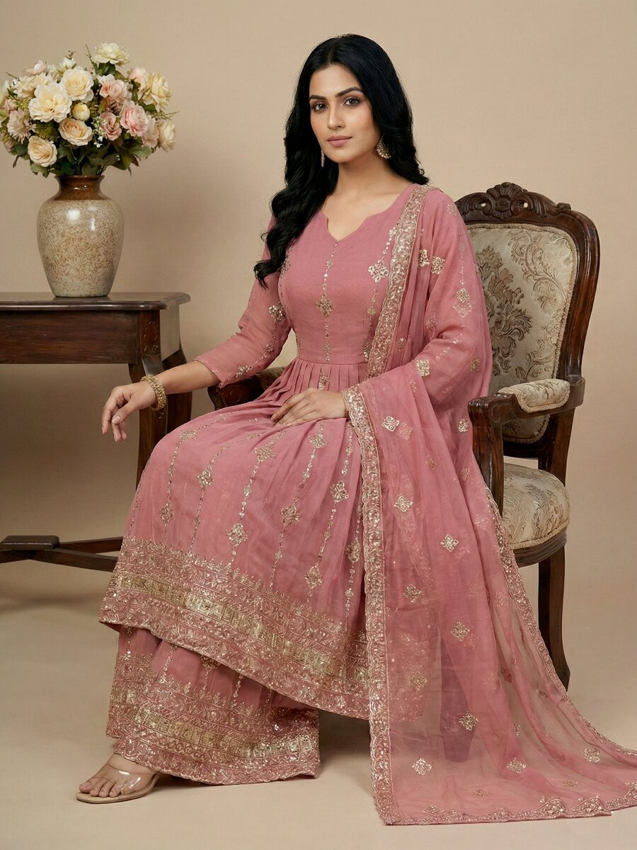 Pink Heavy Crunchy Silk Embroidery Sequins Wedding Festival Party Wear Ready Anarkali Sharara Pant Salwar Kameez