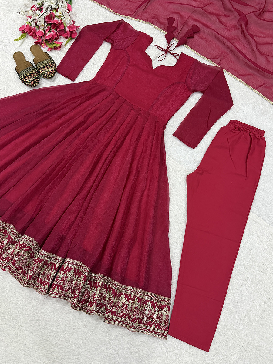 Pink Heavy Crunchy Silk Embroidery Sequins Wedding Party Festival Casual Ready Anarkali Pant Salwar Kameez