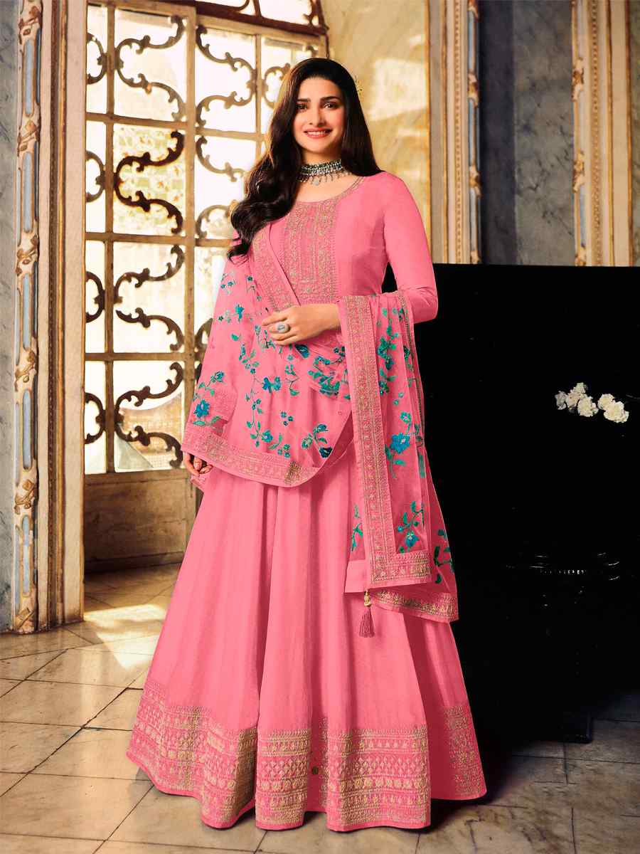 Pink Heavy Dola Silk Embroidered Wedding Festival Anarkali Salwar Kameez