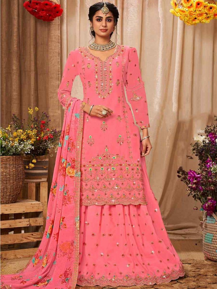 Pink Heavy Faux Georgette Embroidered Bridesmaid Wedding Kurti Lehenga Choli